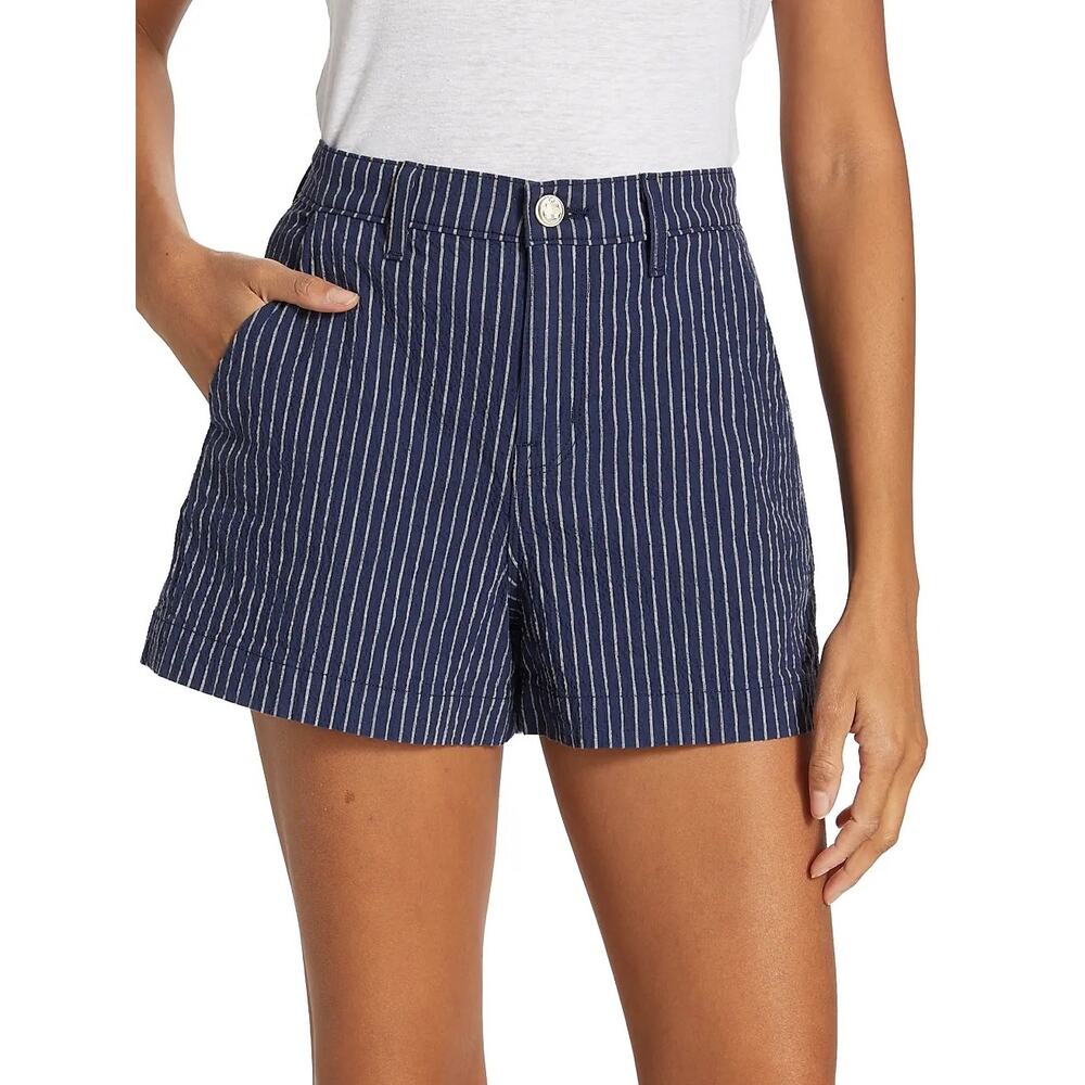 L'AGENCE Jameson High Rise Shorts Size 28 Navy Stripe Seersucker Cotton Linen - Picture 2 of 16